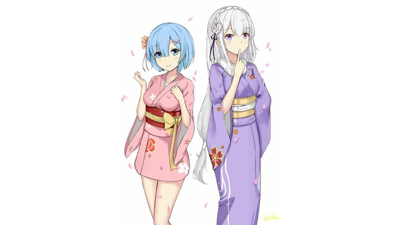 Two Anime Girls in Kimonos — Pink, Playful, Spring, Kimono