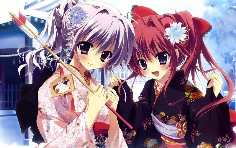 Two Anime Girls in Kimonos — Pink, Playful, Winter