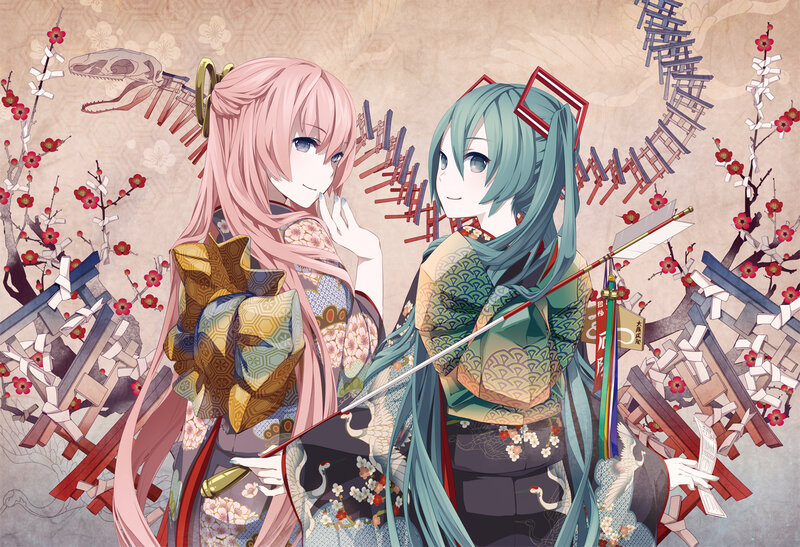 Two Anime Girls in Kimonos — Pink, Serene, Spring