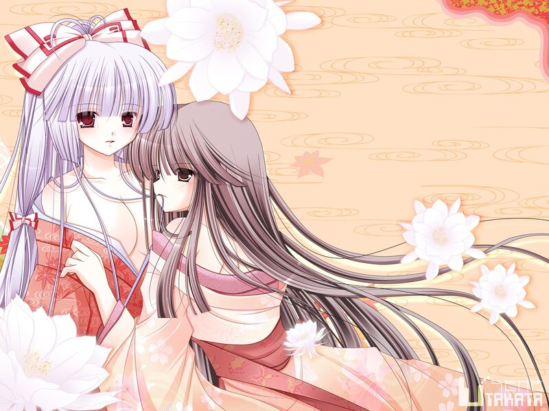 Two Anime Girls in Kimonos — Pink, Serene, White Flowers