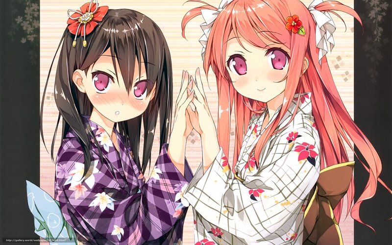 Two Anime Girls in Kimonos — Purple, Cheerful, Kimono