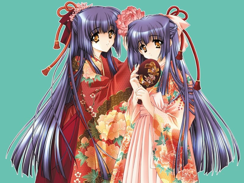 Two Anime Girls in Kimonos — Purple, Serene, Fans