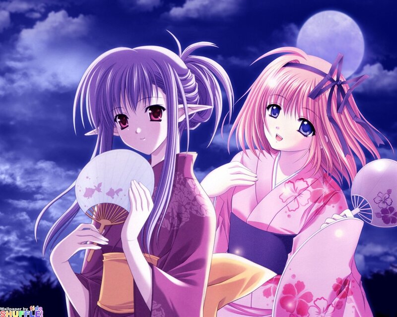 Two Anime Girls in Kimonos — Purple, Serene, Night