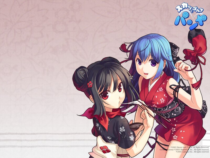 Two Anime Girls in Kimonos — Red, Playful, Chopsticks