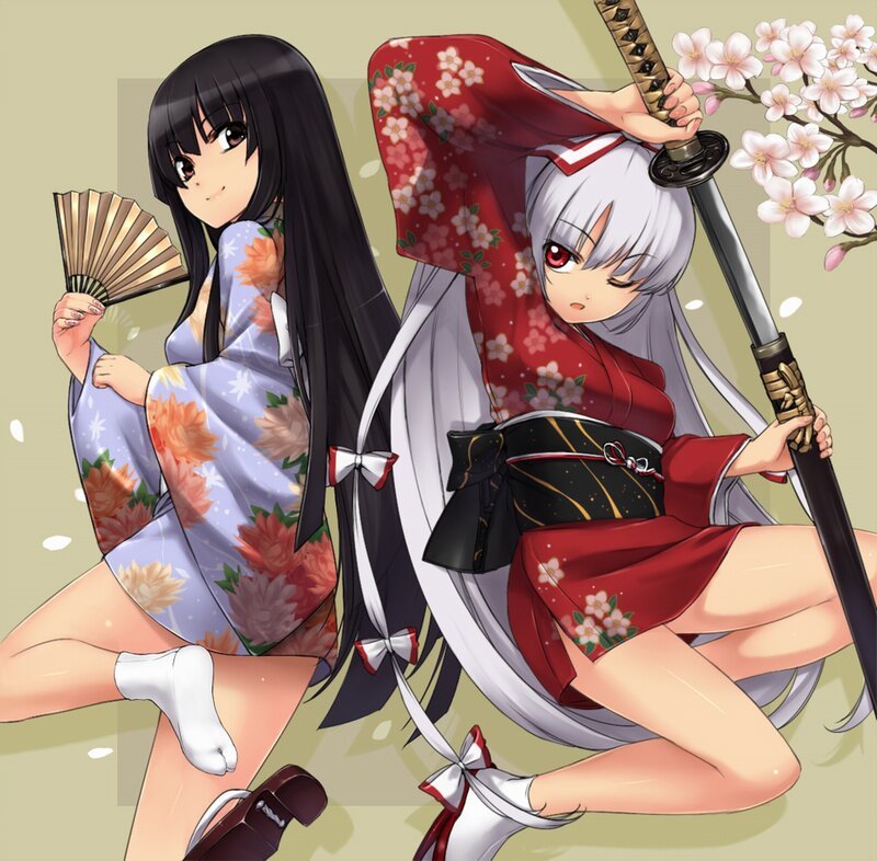 Two Anime Girls in Kimonos — Red, Playful