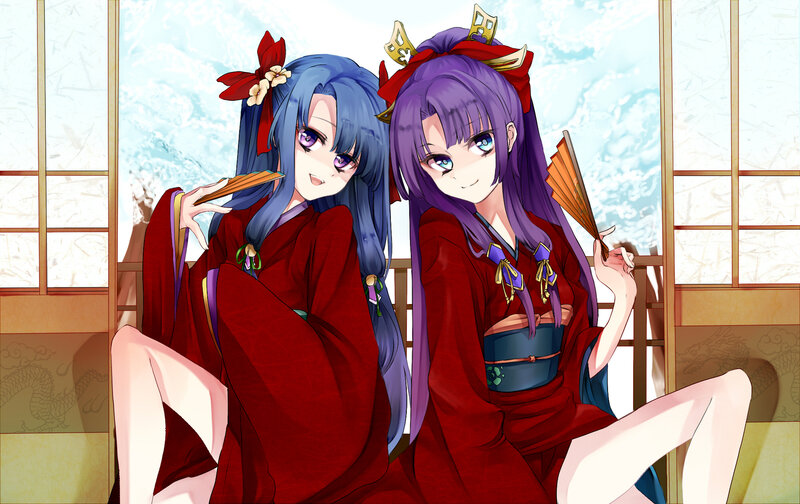 Two Anime Girls in Kimonos — Red