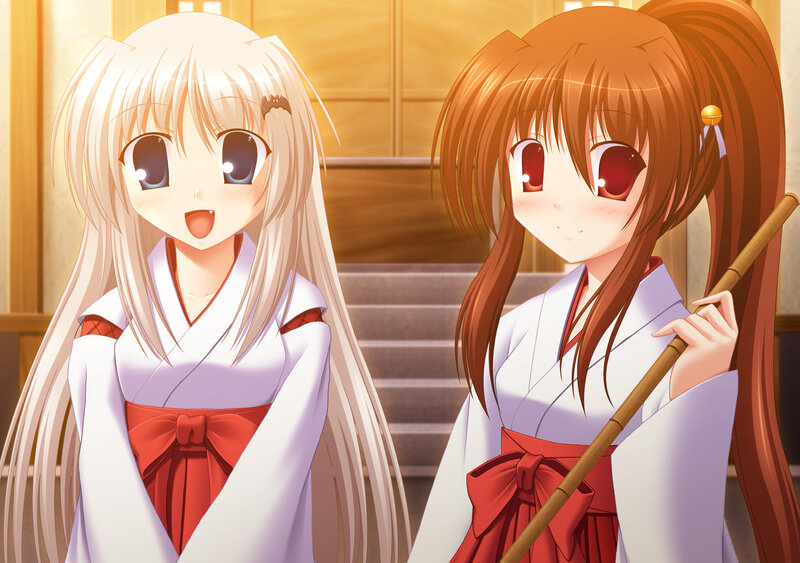 Two Anime Girls in Kimonos — White, Calm, Kimono, Stairs