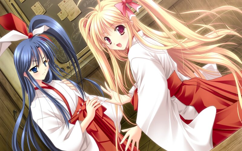 Two Anime Girls in Kimonos — White, Playful