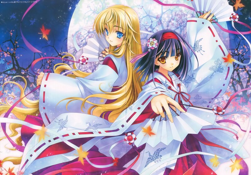 Two Anime Girls in Kimonos — White, Serene, Night, Fans