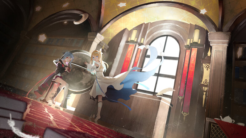 Two Anime Girls in Library — Brown, Dramatic