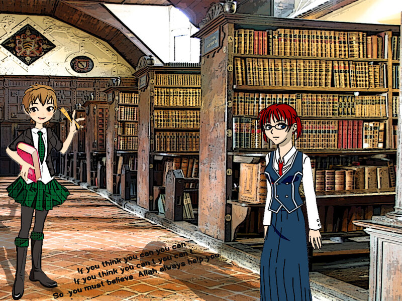Two Anime Girls in Library — Brown
