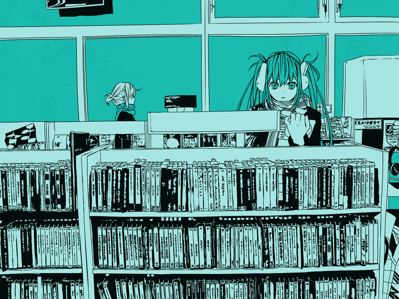 Two Anime Girls in Library — Teal