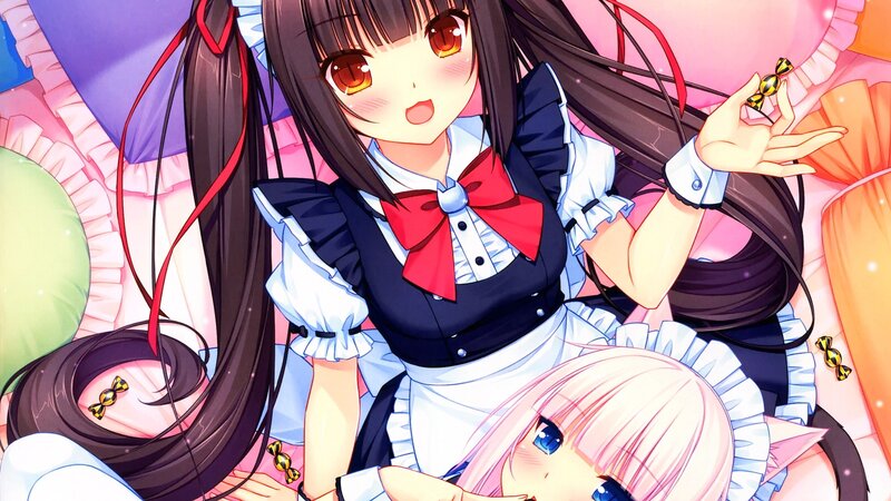 Two Anime Girls in Maid Outfits — Pink, Playful, Candy