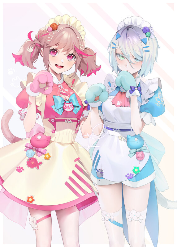 Two Anime Girls in Maid Outfits — Pink, Playful, Maid Uniforms, Cat Tails