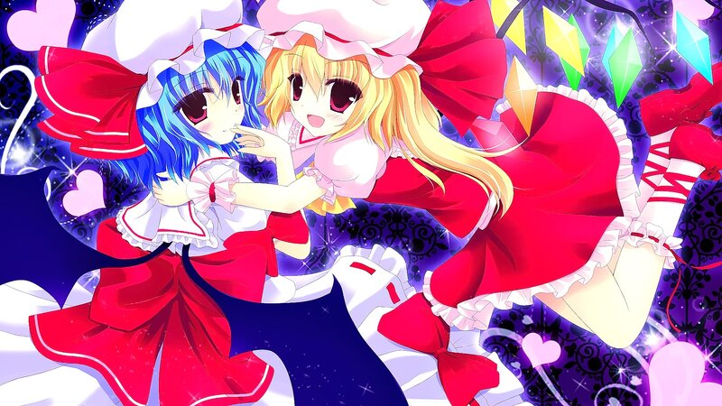 Two Anime Girls in Maid Outfits — Red, Playful, Hearts