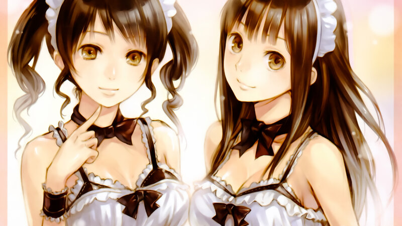 Two Anime Girls in Maid Outfits — White, Cheerful
