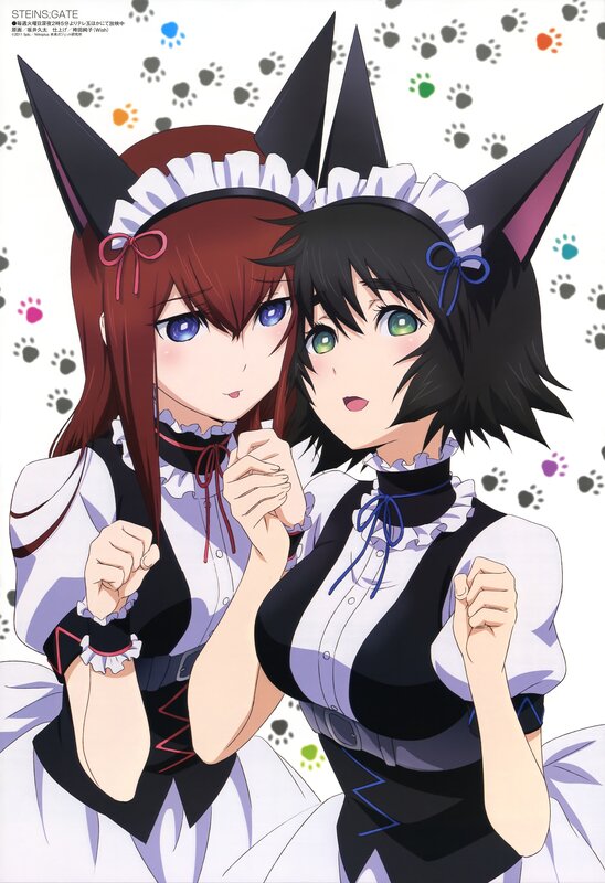 Two Anime Girls in Maid Outfits — White, Playful, Cat Ears