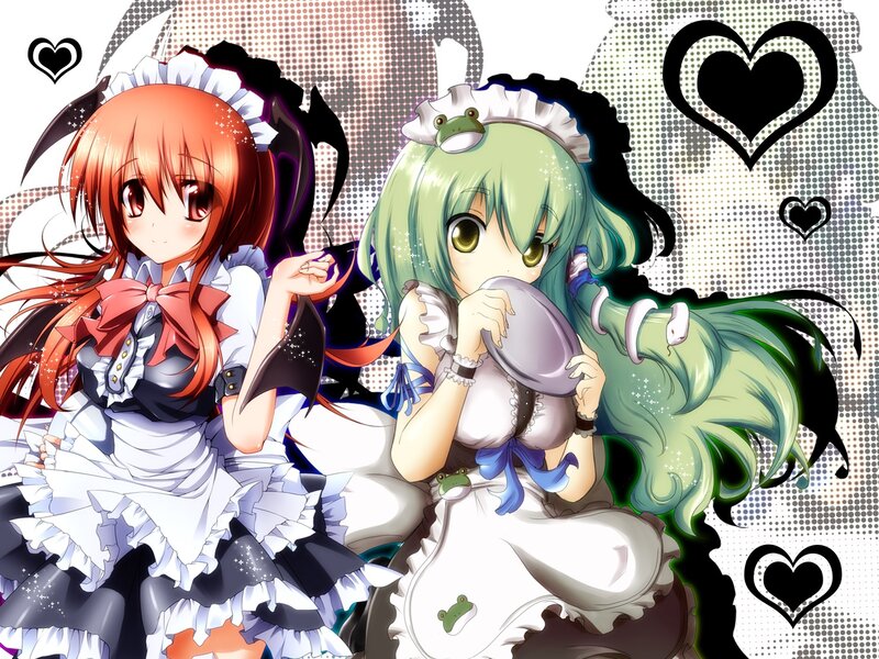 Two Anime Girls in Maid Outfits — White, Playful, Hearts