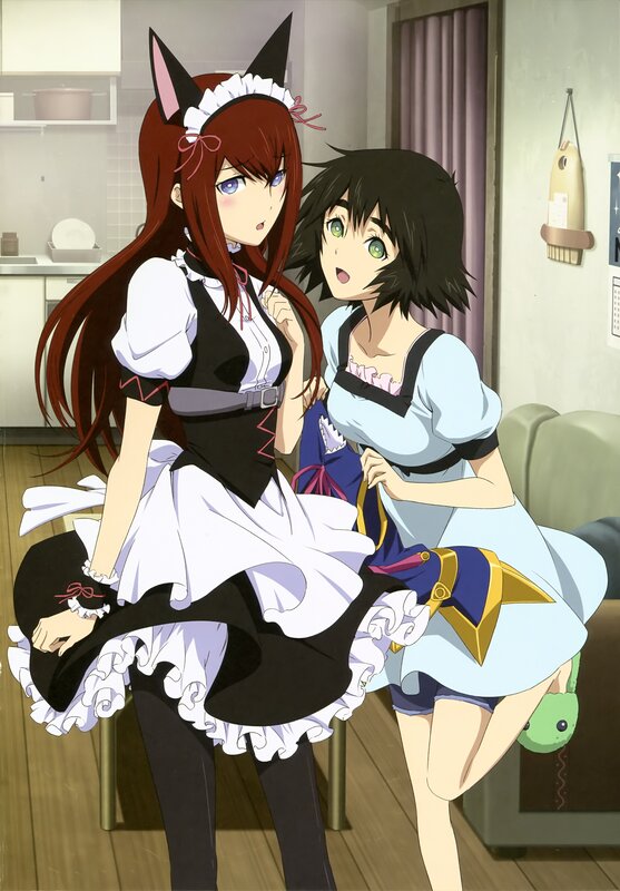 Two Anime Girls in Maid Outfits — White, Playful, Maid Costumes, Cat Ears