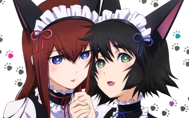Two Anime Girls in Maid Outfits — White, Playful