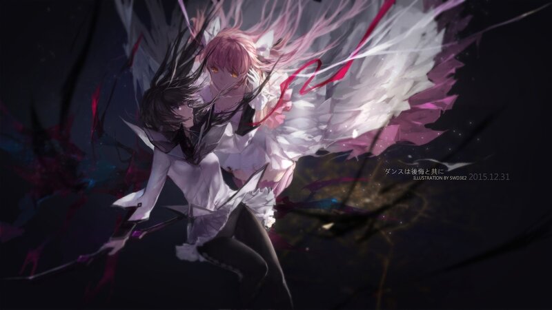 Two Anime Girls in Motion — Black, Dramatic, Night