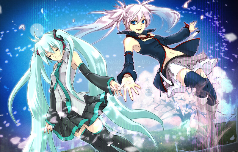 Two Anime Girls in Motion — Blue, Dynamic, Spring, Cherry Blossoms