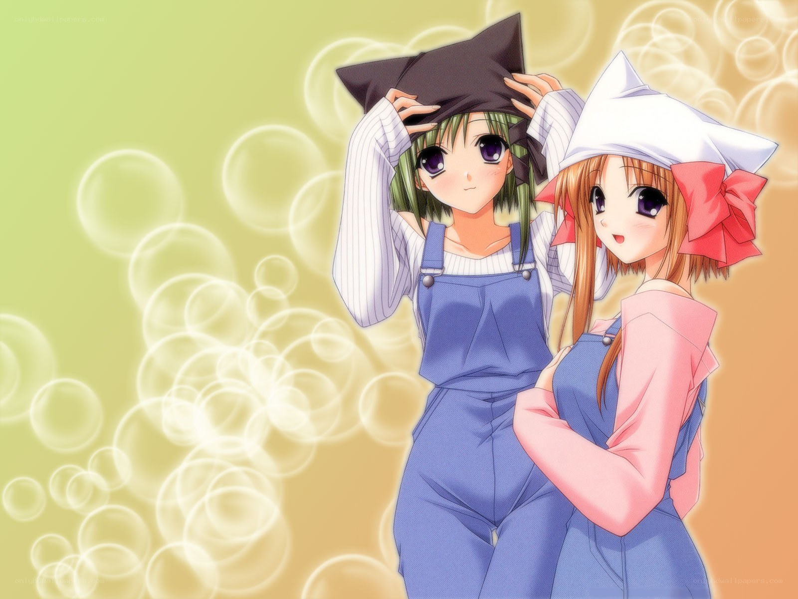 Two anime girls in overalls