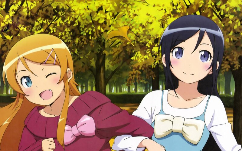 Two Anime Girls in Park — Yellow, Peaceful, Autumn