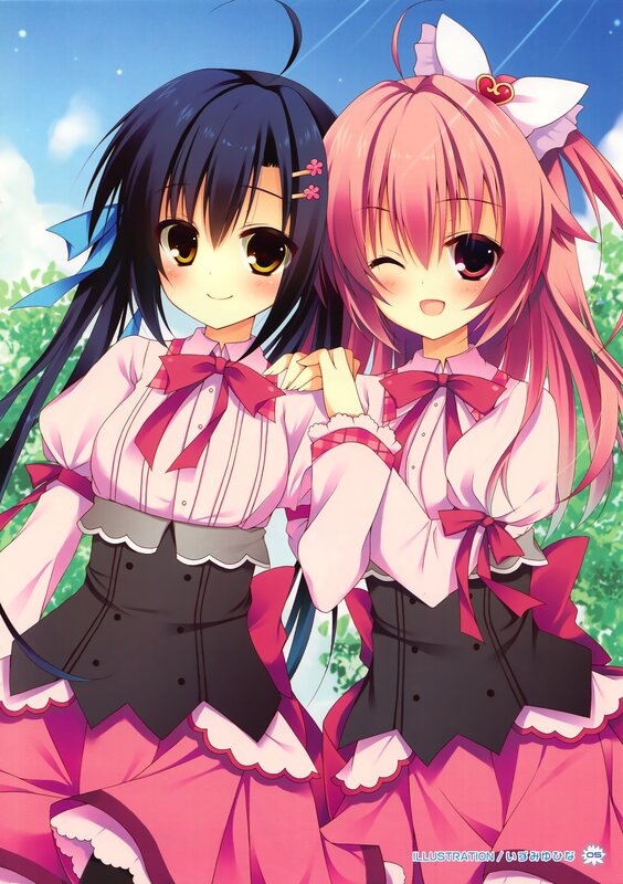 Two anime girls in pink dresses