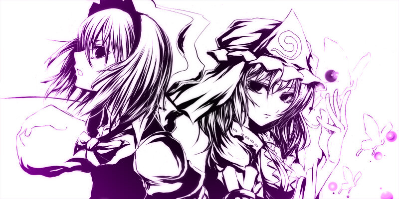 two anime girls in purple art