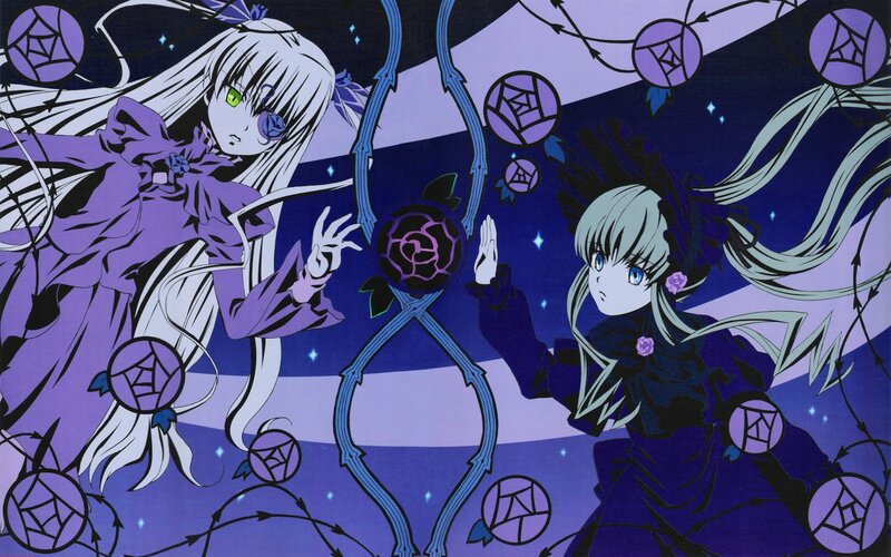 Two Anime Girls in Purple — Dramatic, Night, Roses