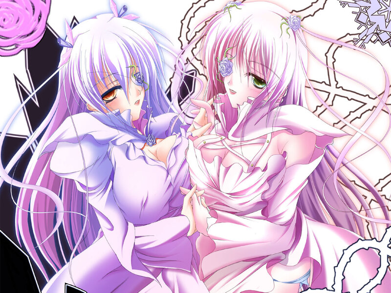 two anime girls in purple dresses
