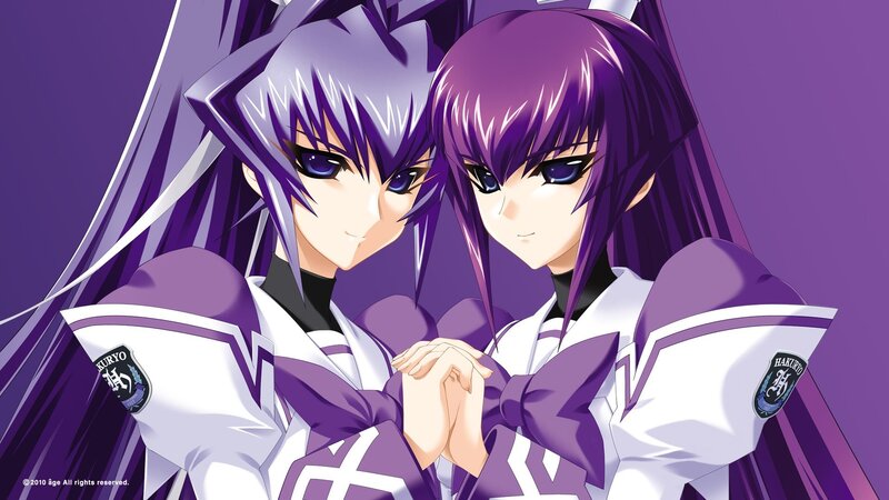 Two anime girls in purple uniforms