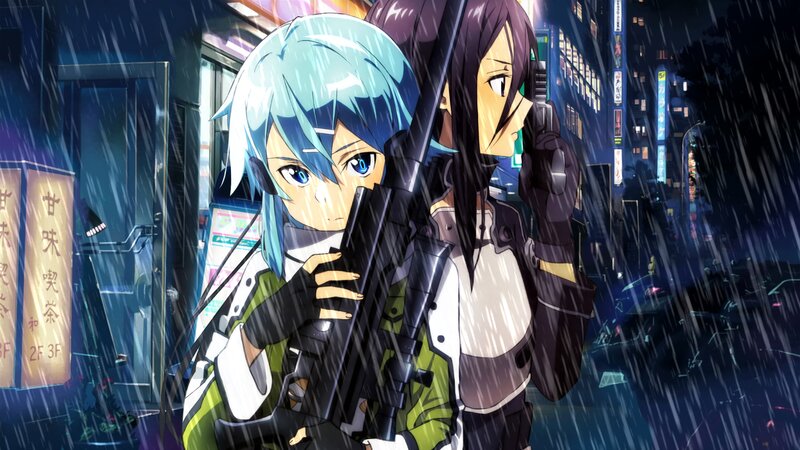 Two Anime Girls in Rain — Blue, Dramatic, Night