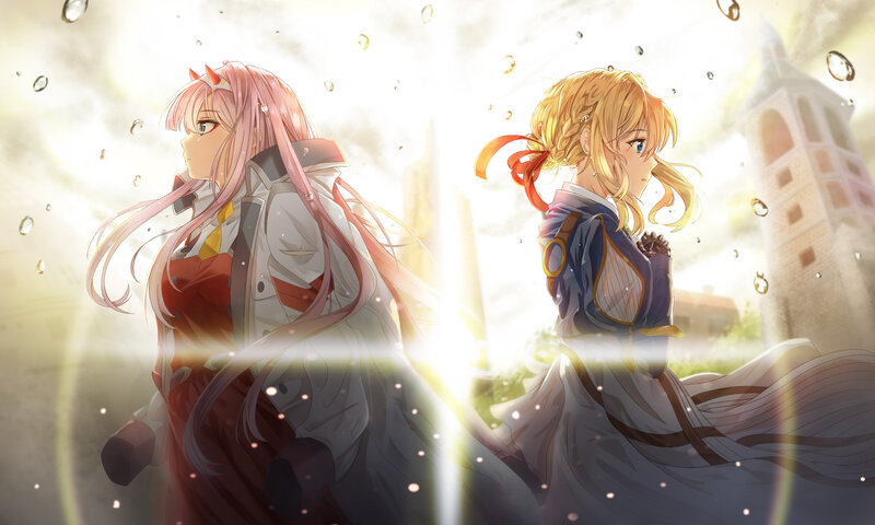 Two Anime Girls in Rain — Pink