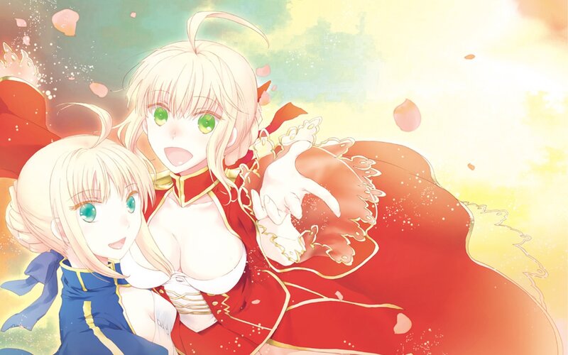 two anime girls in red and blue