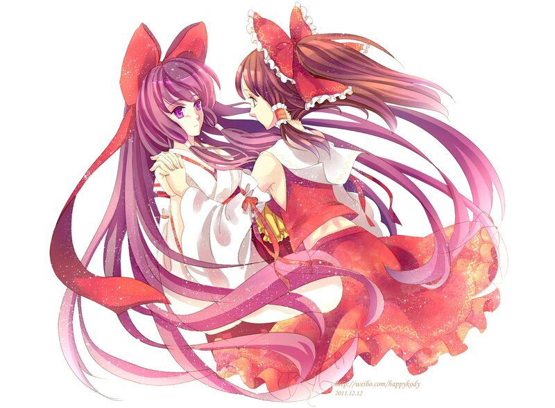 Two anime girls in red and white