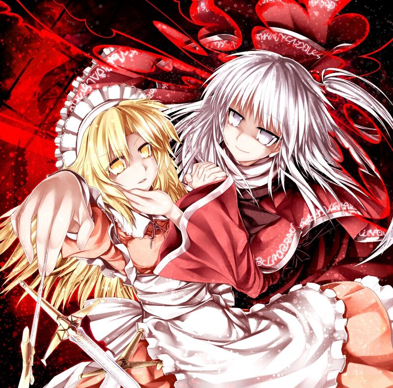 Two anime girls in red and white