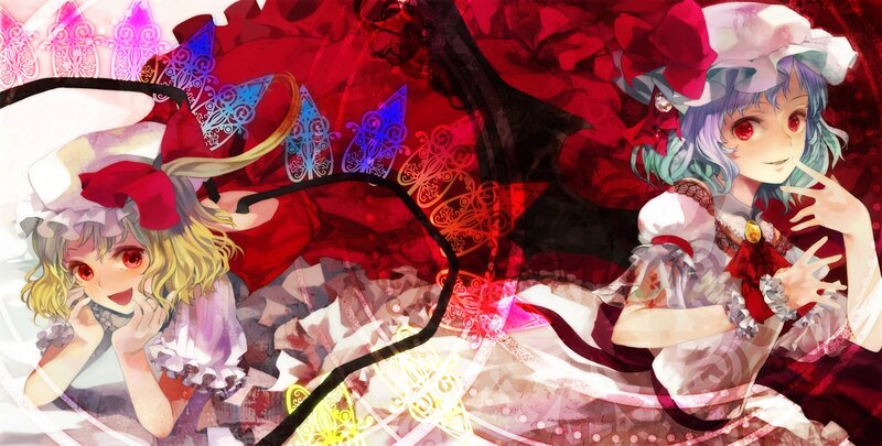 Two anime girls in red and white dresses