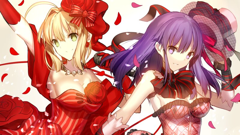 Two Anime Girls in Red — Dramatic, Roses