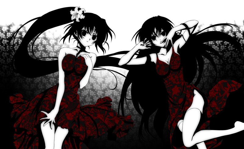 Two anime girls in red dresses