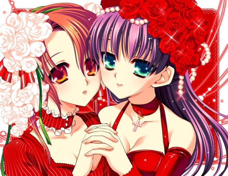 Two anime girls in red dresses