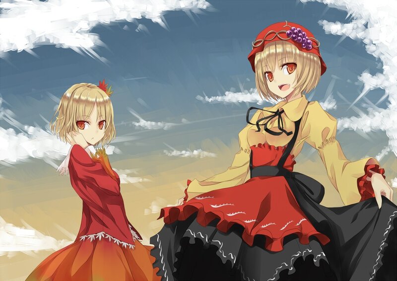 Two anime girls in red dresses