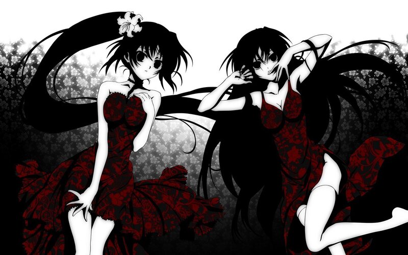 Two Anime Girls in Red Dresses — Black, Dramatic, Long Black Hair