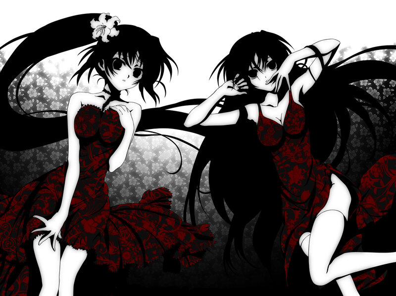 Two Anime Girls in Red Dresses — Black, Dramatic