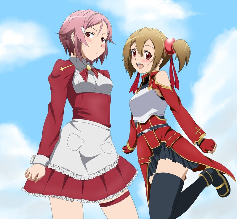 Two anime girls in red uniforms