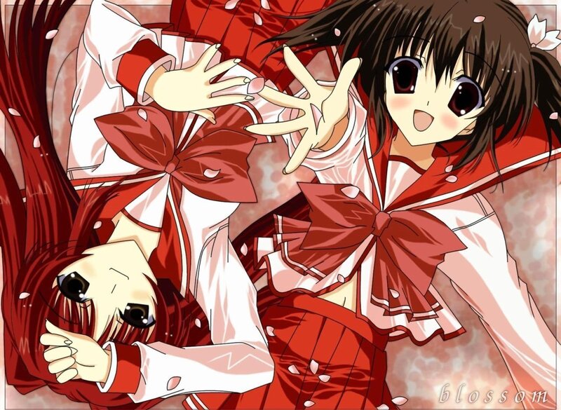 Two anime girls in red uniforms