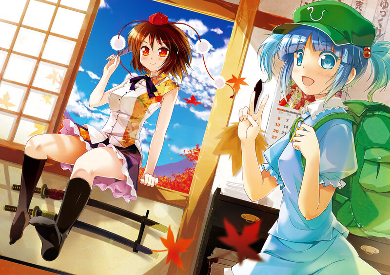 Two Anime Girls in Room — Blue, Cheerful