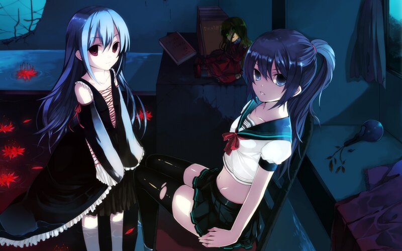 Two Anime Girls in Room — Blue, Dark, Night