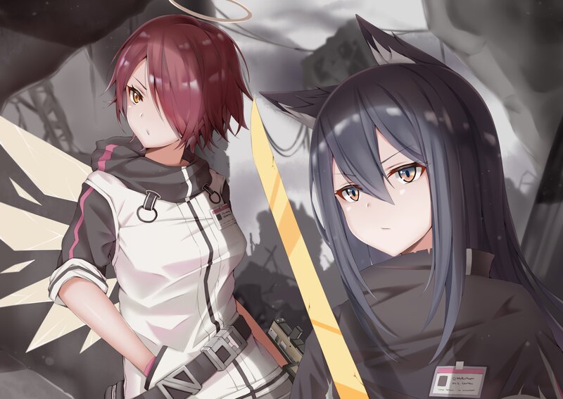 Two Anime Girls in Ruins — Gray, Dramatic